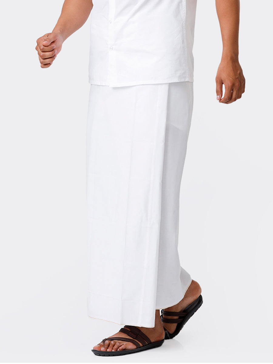 Mens Single White Dhoti with Small Border No 475 Prayer-Side view