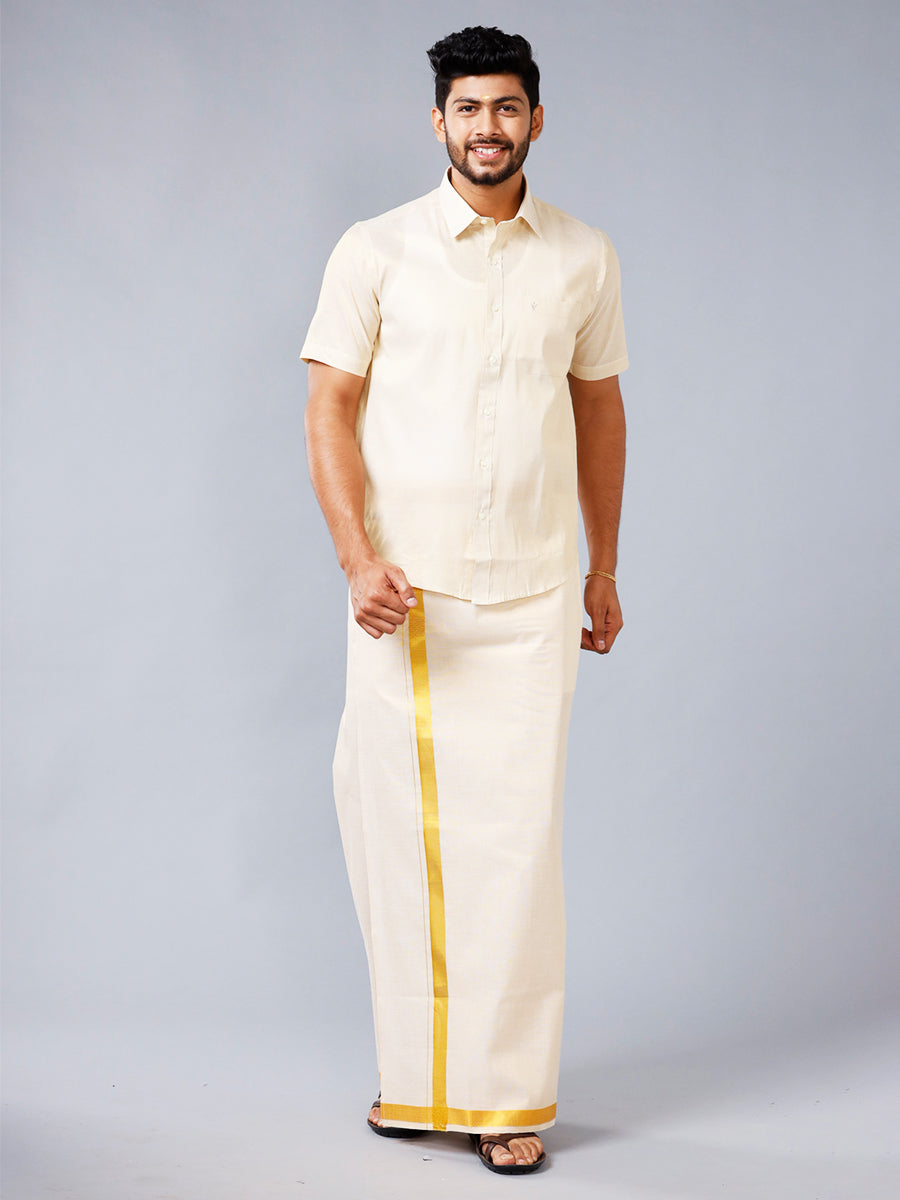 Mens Tissue Half Sleeve Shirt with 1 1/2 " Jari Dhoti Set Sankalpam