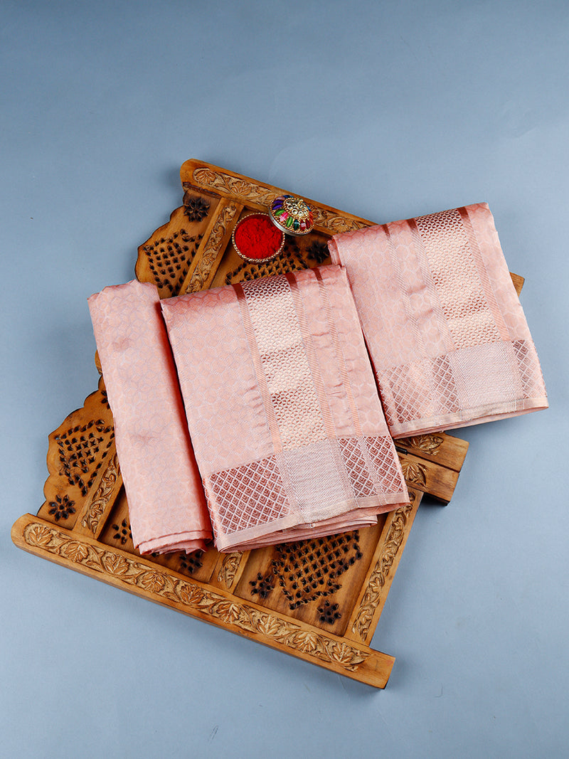 Embossed Pure Silk Copper Shirting with 2 1/2" Dhoti & Angavasthram Set Rajahamsa