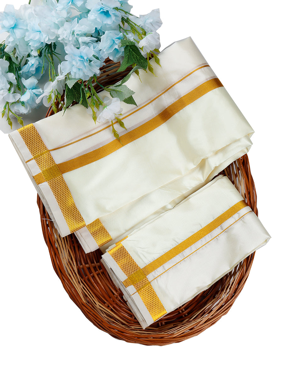 Mens Cream Double Dhoti +Towel Set with Gold Jari Iswaryam Spl 3/4-View twoi