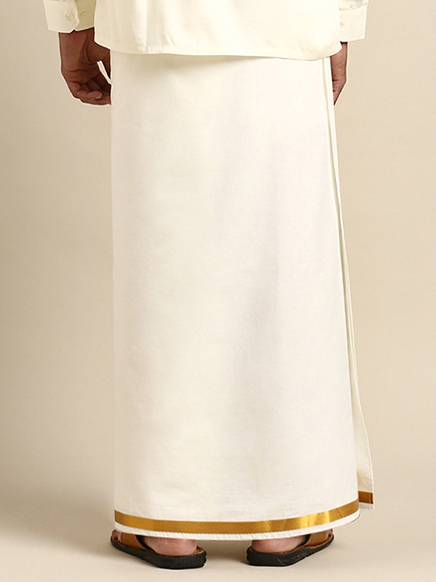 Mens Cream Cotton Gold Jari 1" Double Dhoti with Full Sleeves Shirt Combo-Bottom view