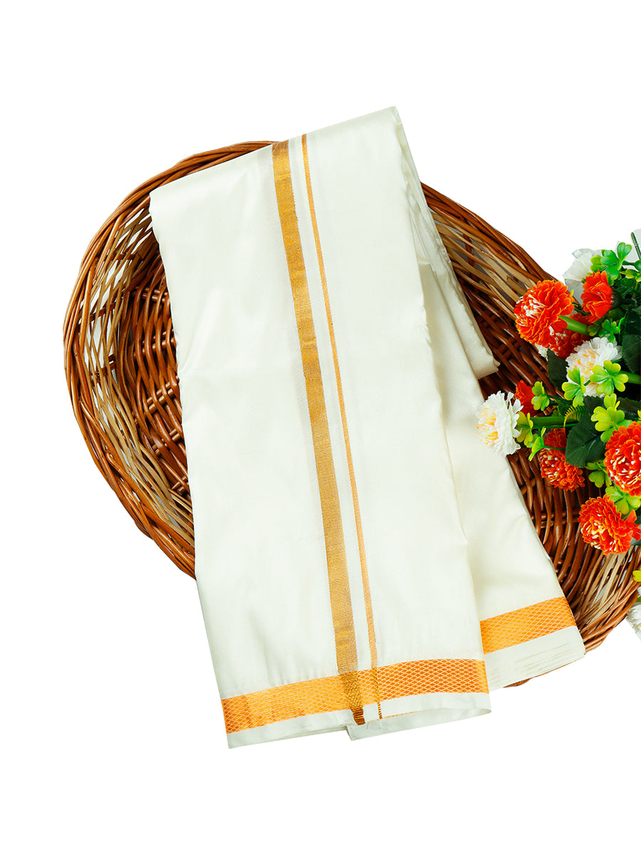 Mens Cream Double Dhoti +Towel Set with 3/4'' Gold Jari Soft Silk