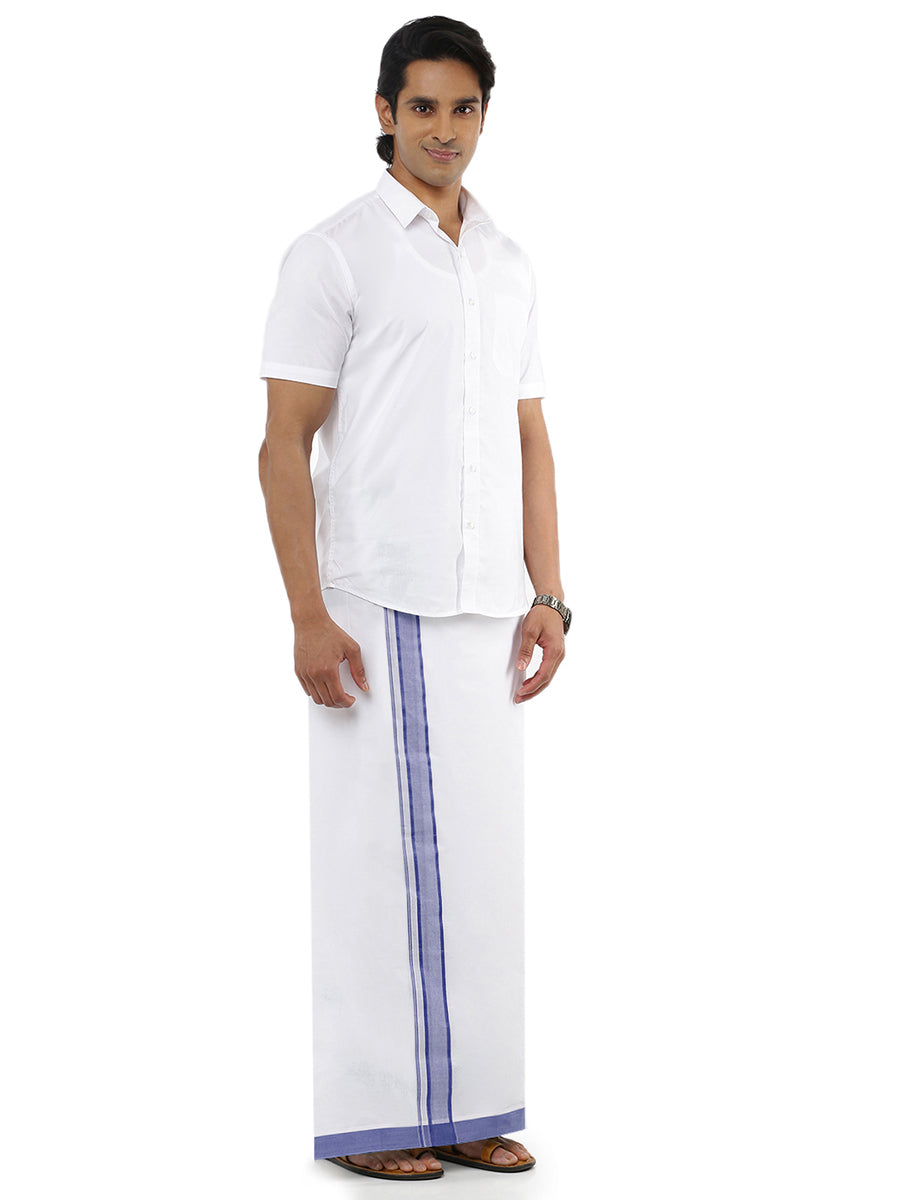 Mens Double Dhoti White with Fancy Border Aaral Navy-Side view