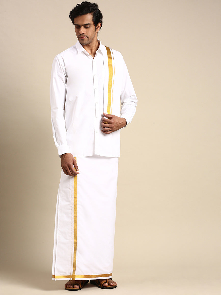Mens Wedding Set White Regular 3/4" Gold Jari Dhoti, Shirt & Towel-Full view