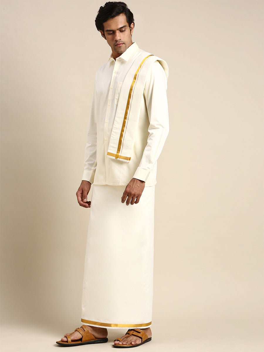 Premium Wedding Cream Regular Dhoti, Shirt & Towel Set Arathi 3/4"-Side view