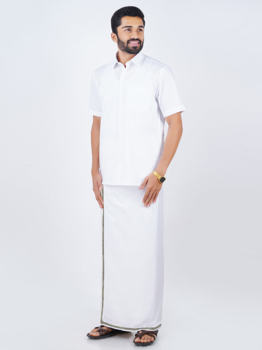 Mens Cotton White Half Sleeve Shirt with Silver Jari 1/2" Dhoti Combo Silvertone-Front view