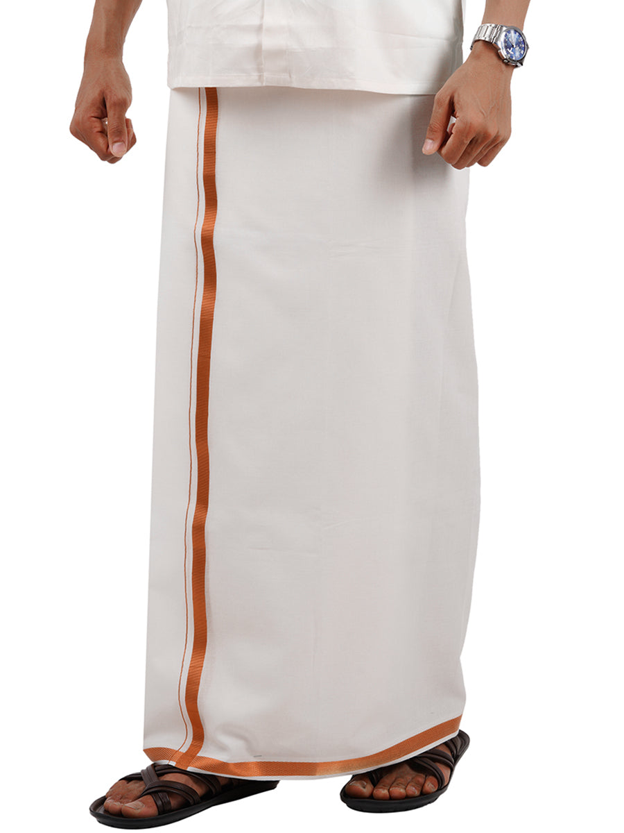 Mens White Double Dhoti with  3/4" Copper Jari-Side view