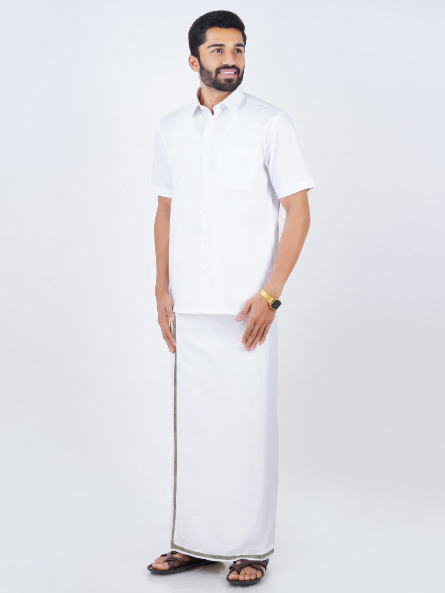 Mens Cotton White Shirt Bit with 1/2" Silver Jari Dhoti Combo Utsav