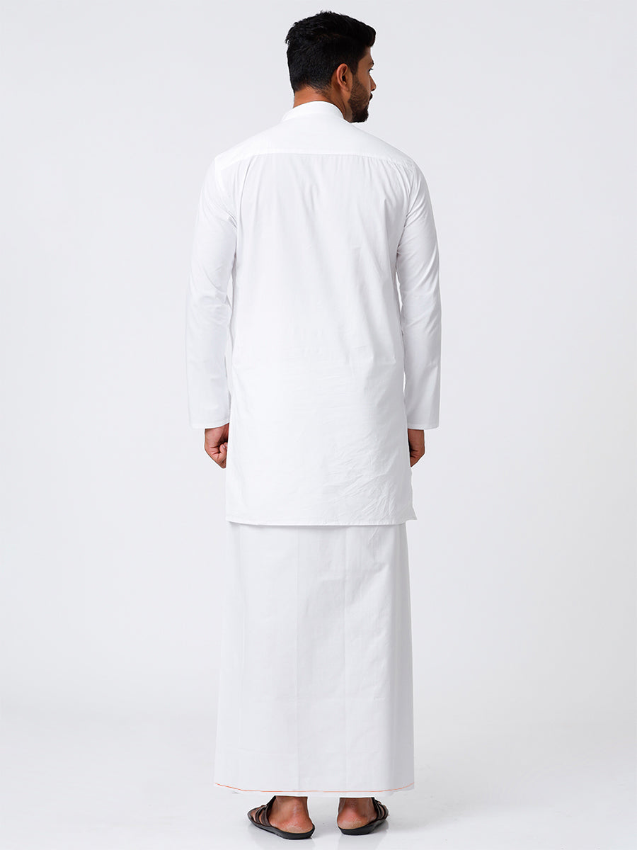 Mens Cotton Full Sleeve White Medium Kurta with Stitched Prayer Dhoti Combo Al Madinaa-Back view