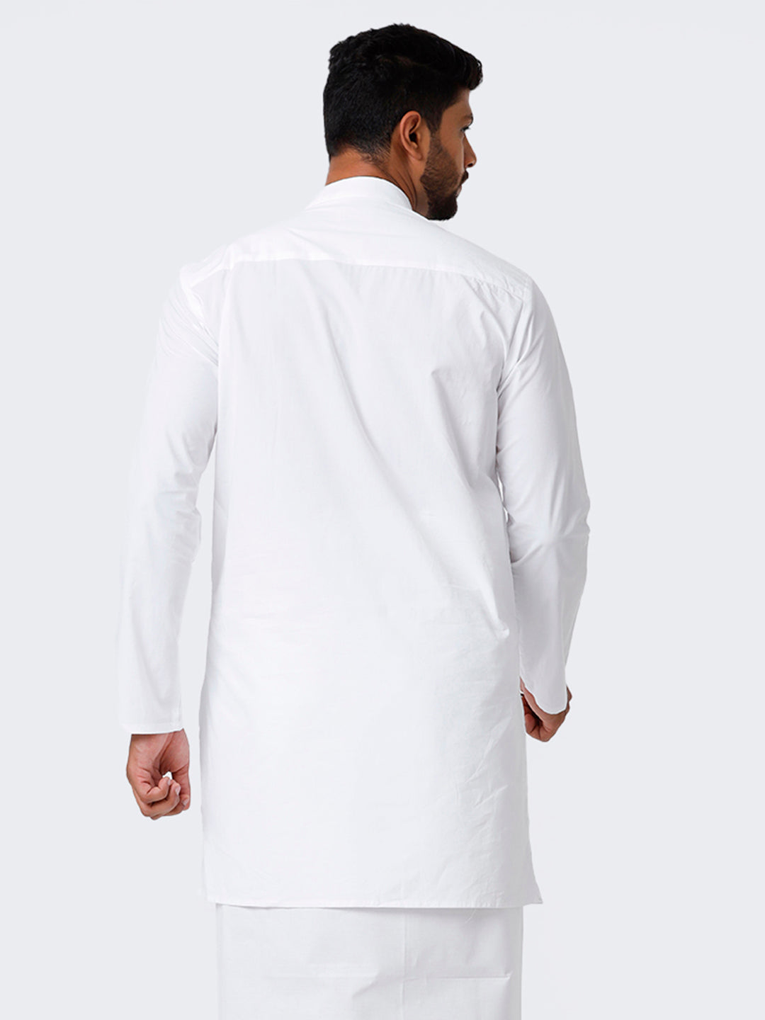 Mens Cotton Solid Full Sleeve White Medium Length Kurta-Back view
