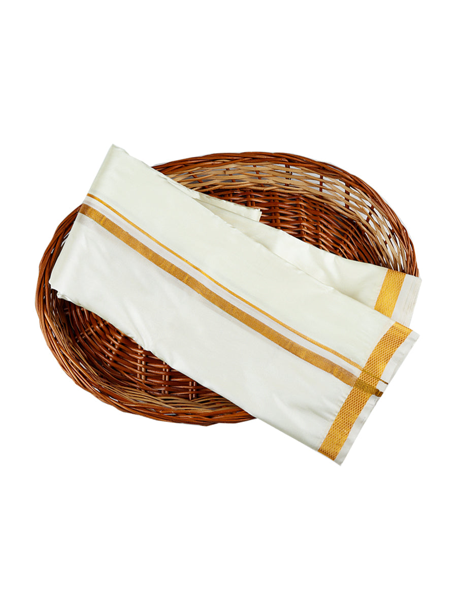 Mens Cream Double Dhoti +Towel Set with 3/4'' Gold Jari Soft Silk