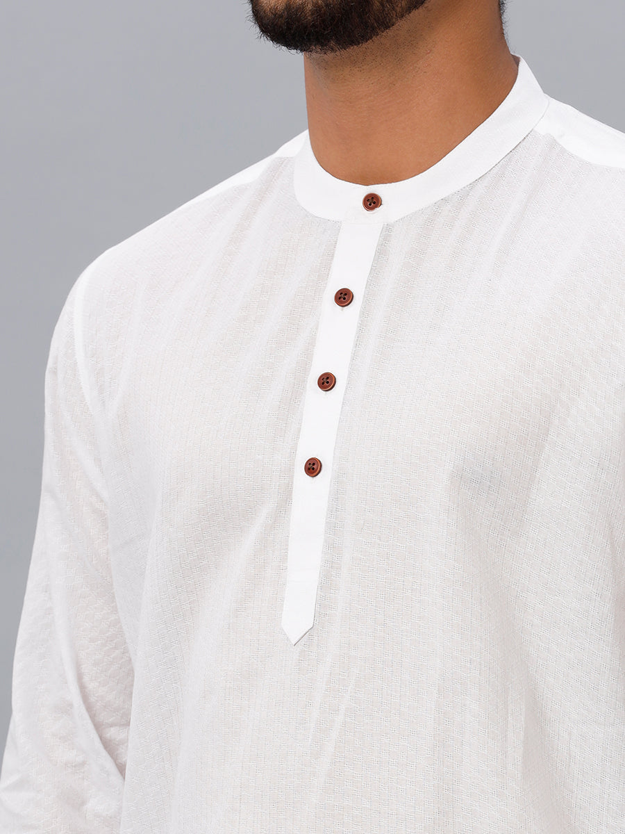 Mens Cotton White Full Sleeves Self Design Medium Length Kurta RD16-Zoom view