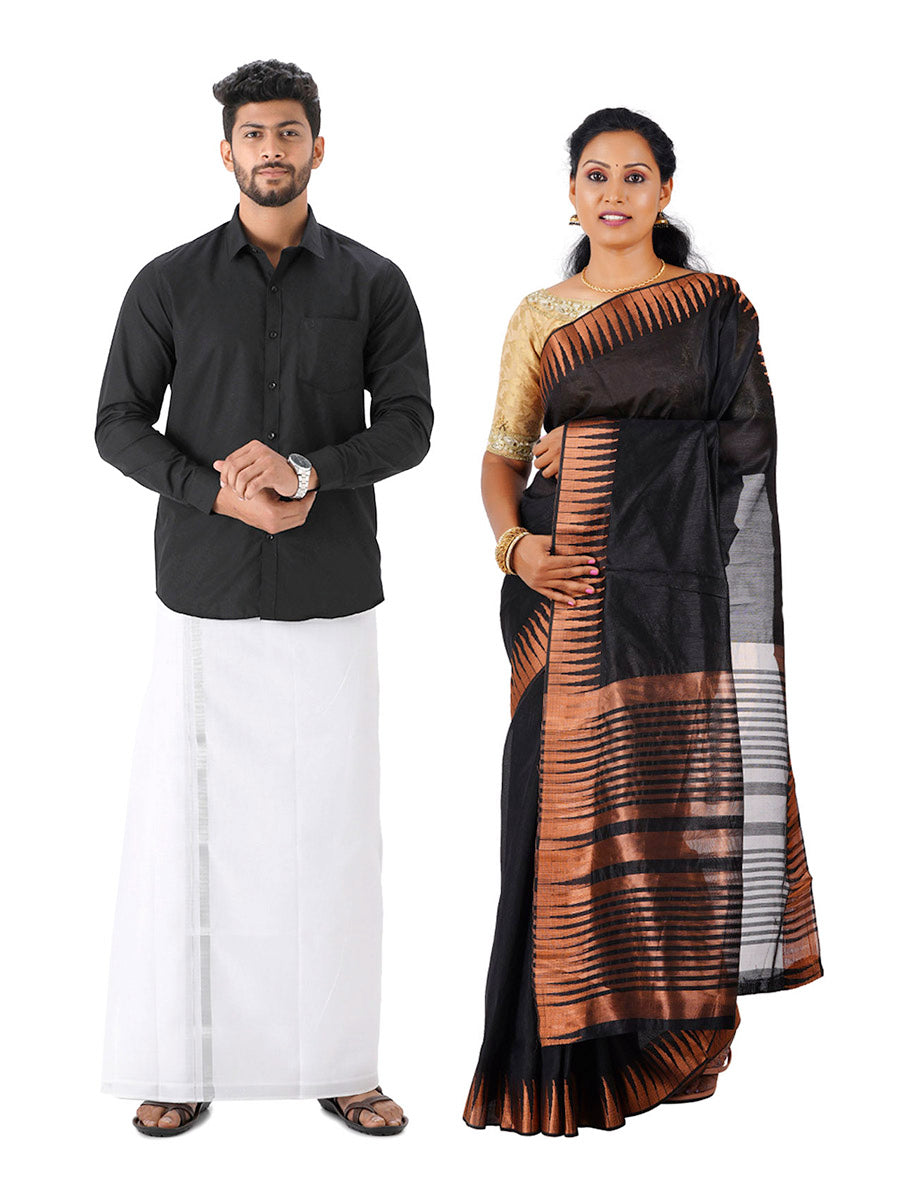 Matching Dhoti Shirt & Semi Raw Silk Saree Couple Combo Black-Front view