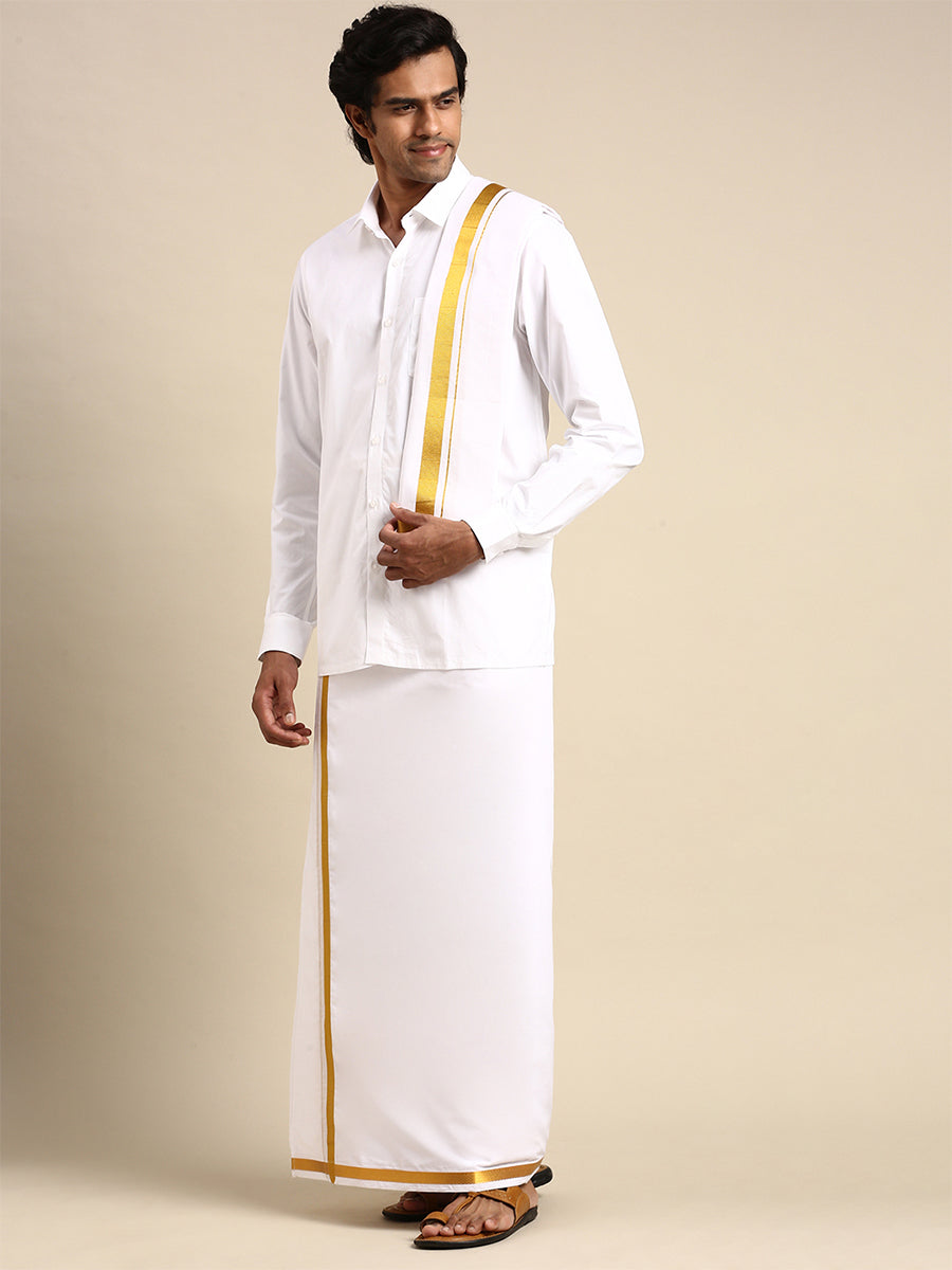 Mens Combo Set White Dhoti,Shirt Bit&Towel 3/4" Gold Jari Vaisant-Side view