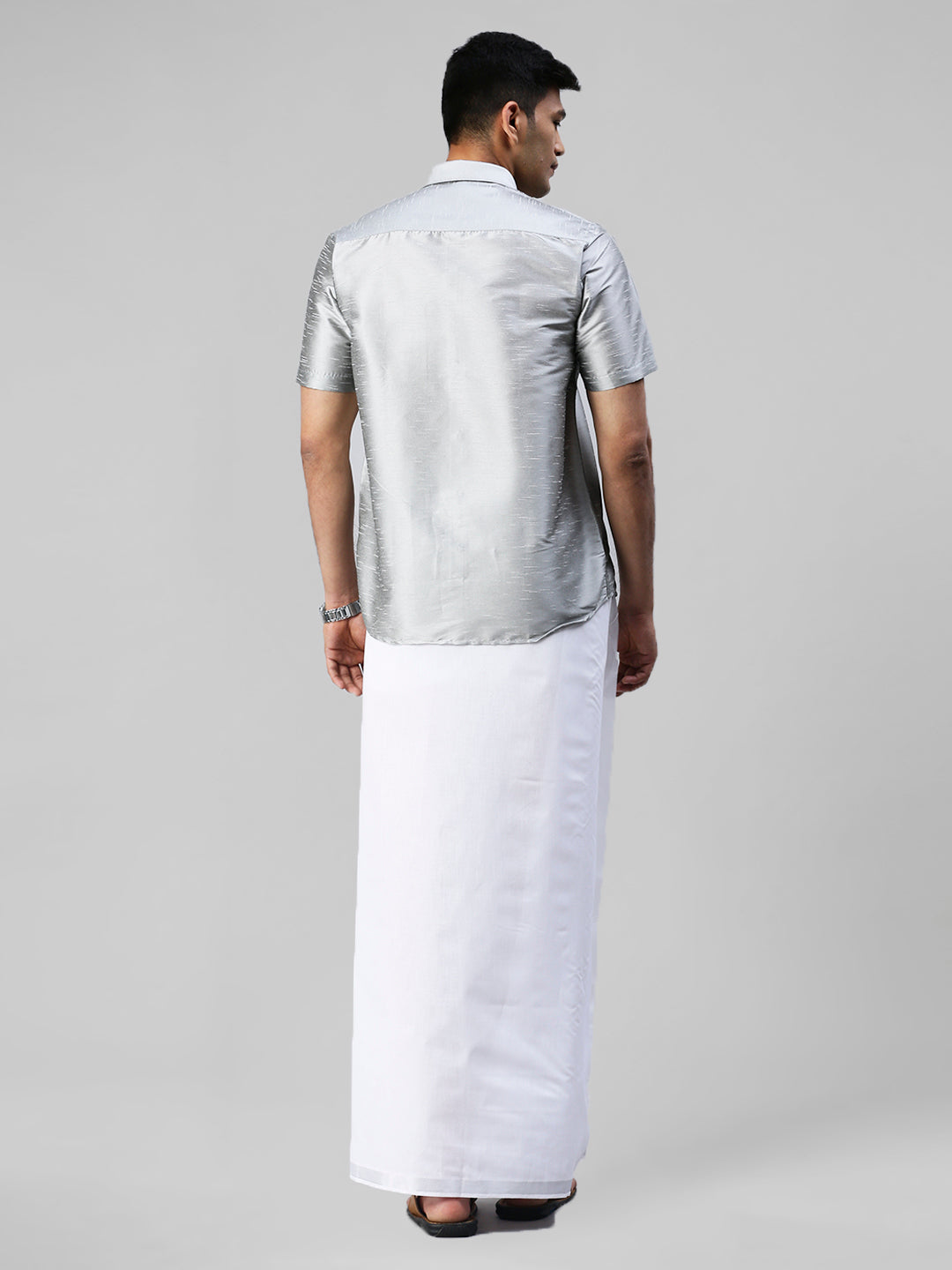 Mens Silver Half Sleeves Shirt with Jari Dhoti Set Glory-Back view