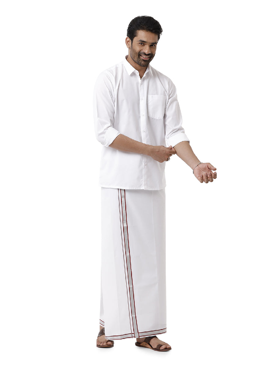 Mens Formal White Full Sleeves Shirt with Fancy Jari Silver Dhoti Combo