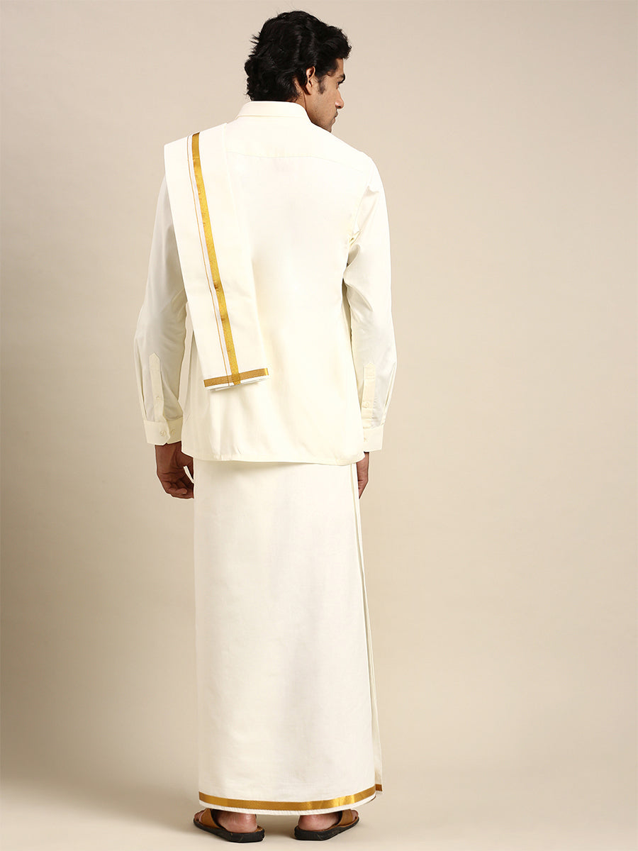 Premium Wedding Cream Regular Dhoti, Shirt & Towel Set Golden Reward-Back view