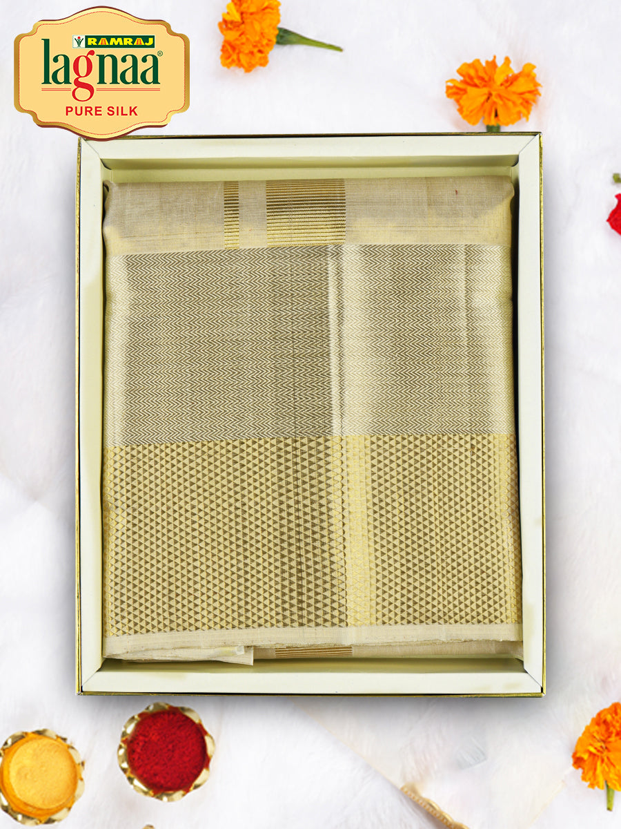 Premium Pure Silk Tissue Dhoti 7 1/2" Gold Jari Border Klasam