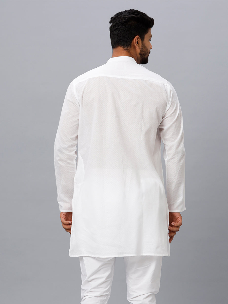 Mens Cotton White Full Sleeves Self Design Medium Length Kurta RD16-Back view