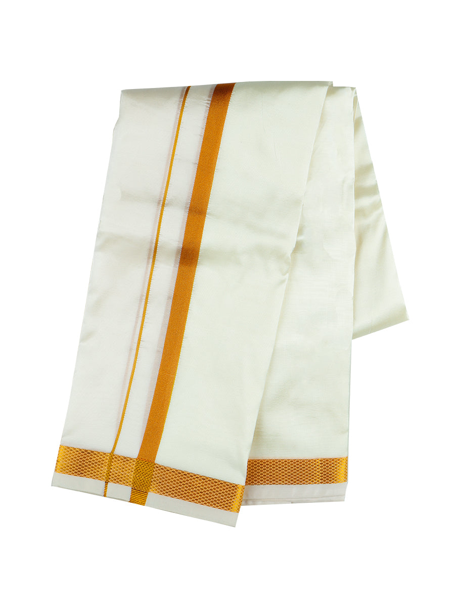 Men Cream Double Dhoti & Towel Set with 3/4'' Gold Jari Iswaryam