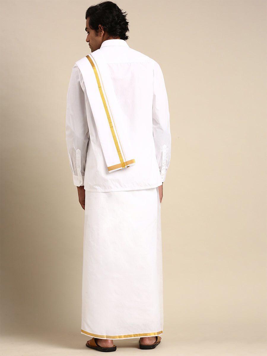 Mens Premium Wedding Cotton White Dhoti with shirt Bit & Towel Set-Back view