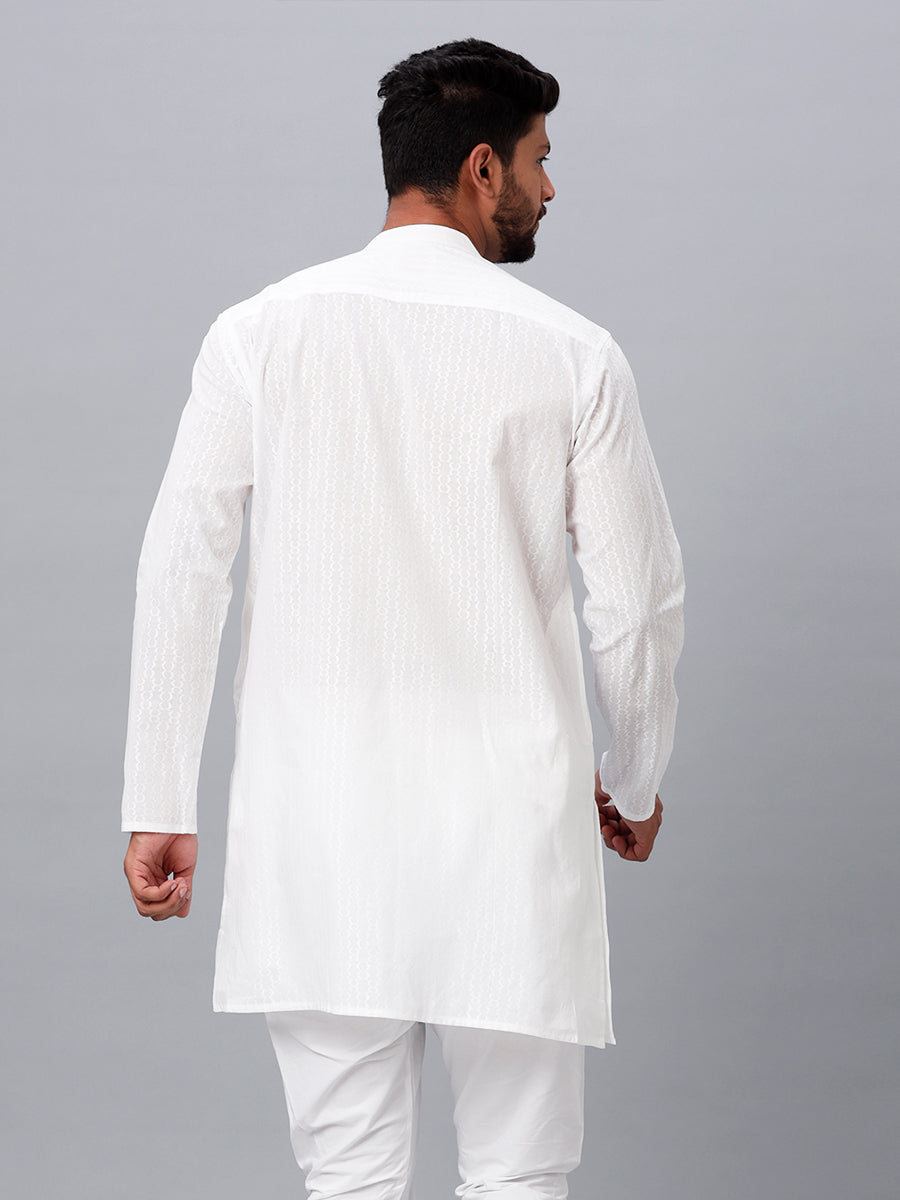 Mens Cotton White Full Sleeves Self Design Medium Length Kurta RD15-Back view