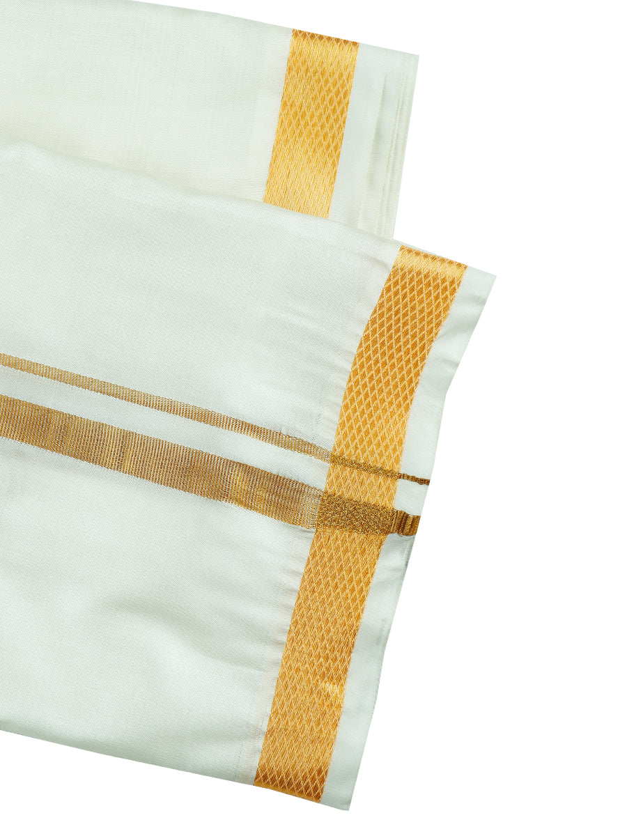 Mens Cream Double Dhoti +Towel Set with 3/4'' Gold Jari Soft Silk