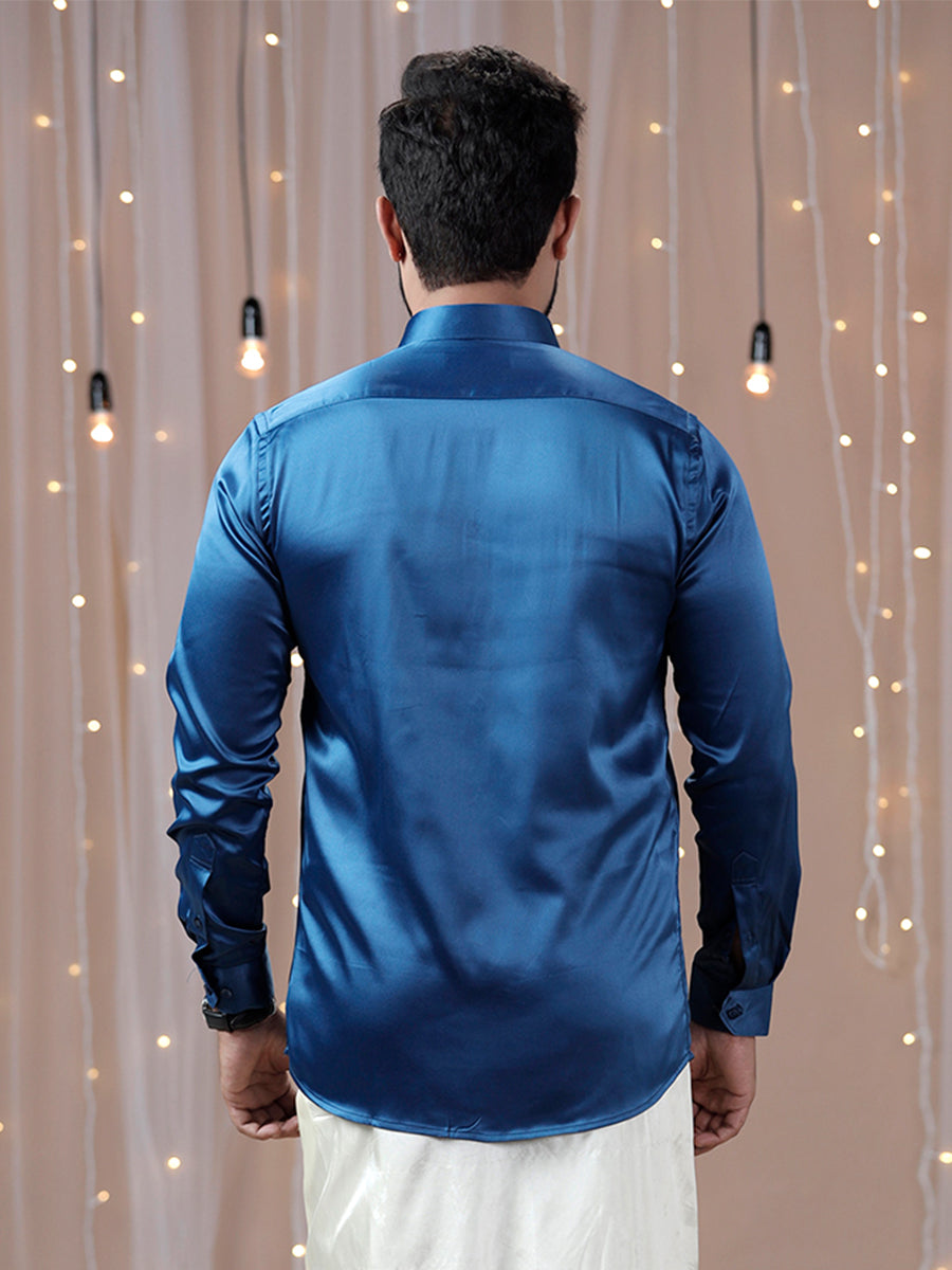 Mens Party Wear Dark Blue Full Sleeves Colour Shirt PSS4-Back view