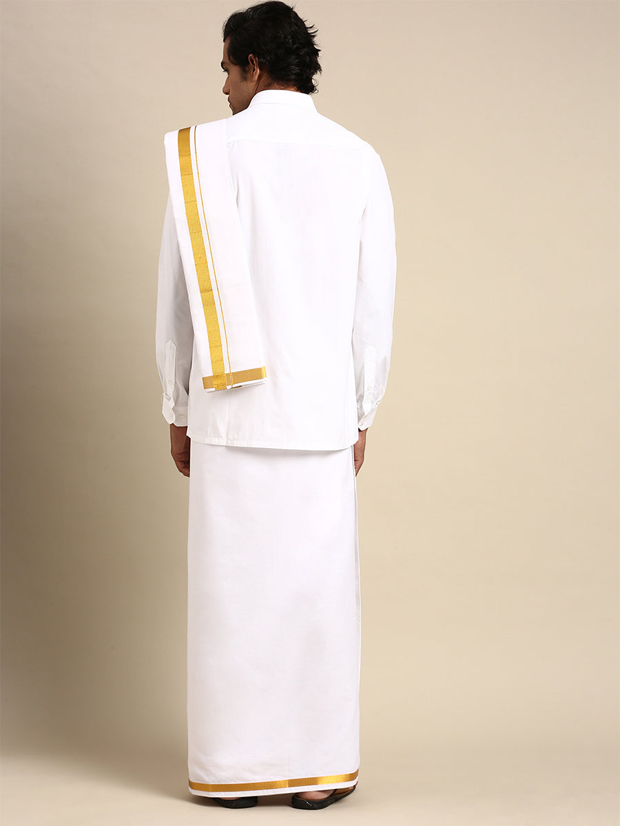 Mens Wedding Set White Regular 3/4" Gold Jari Dhoti, Shirt & Towel-Back view