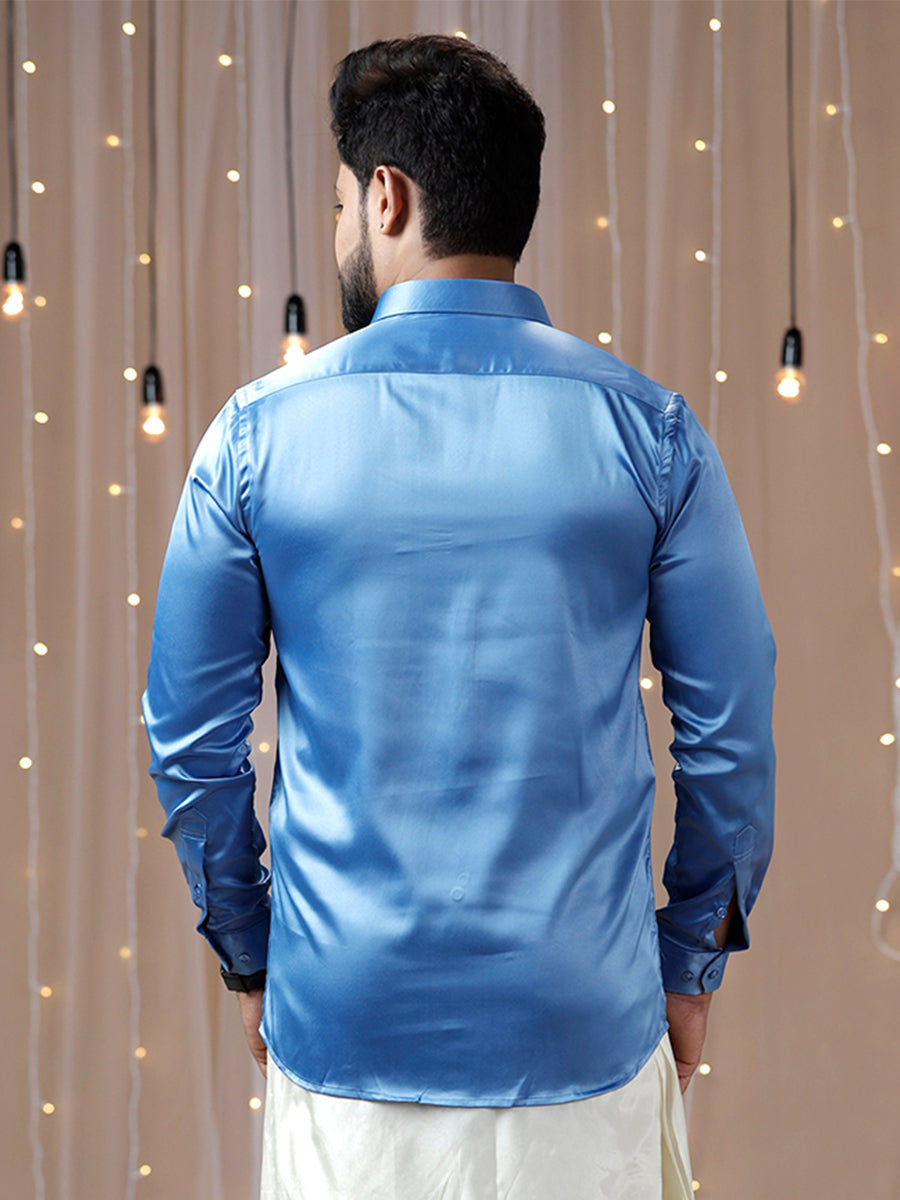 Mens Party Wear Sky Blue Full Sleeves Colour Shirt PSS6-Back view