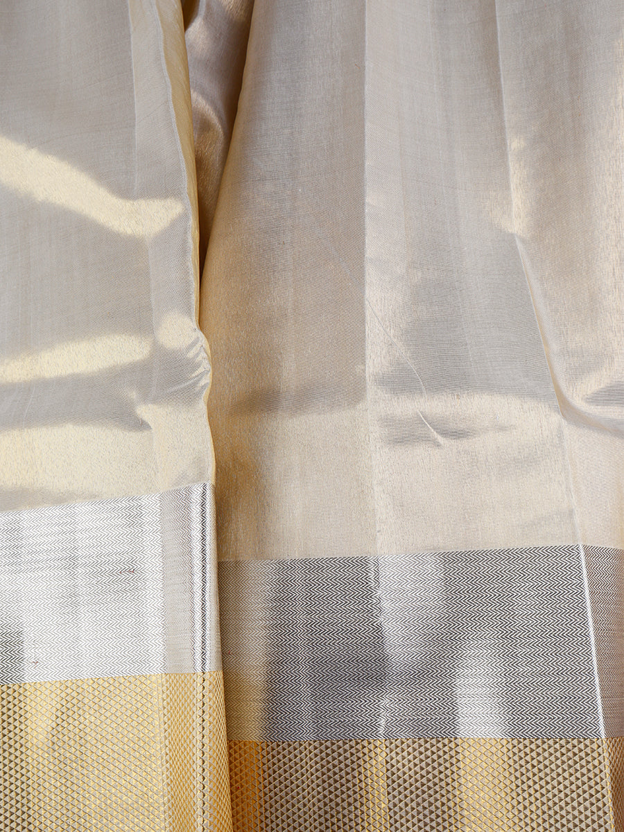 Premium Pure Silk Tissue Dhoti With Angavastram Agarshana 7 1/2" Silver Gold Jari Border-Zoom view
