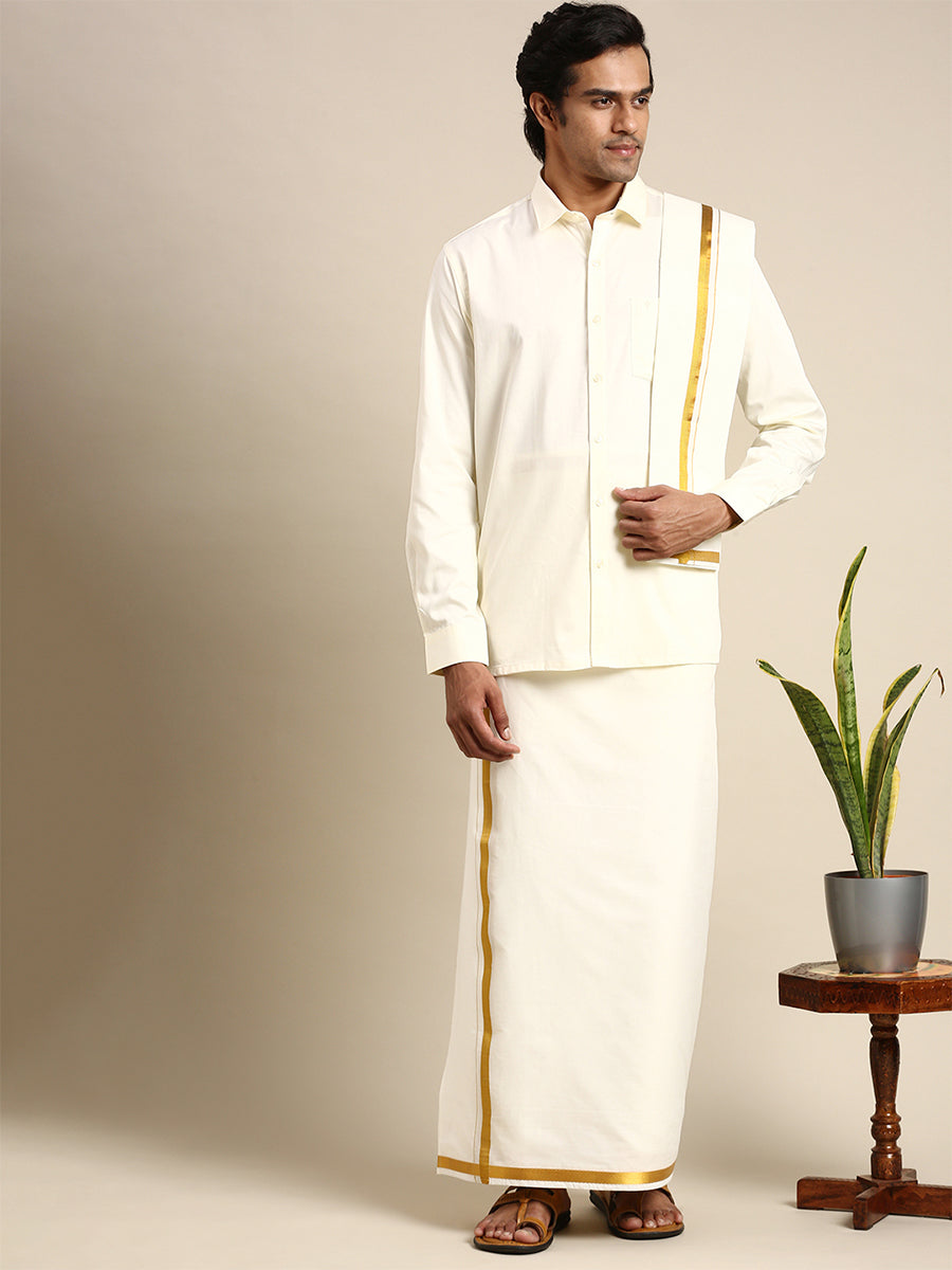 Premium Wedding Cream Regular Dhoti, Shirt & Towel Set Arathi 3/4"