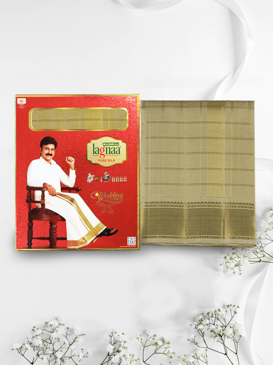 Premium Pure Silk Fawn 3" Gold Jari Border Dhoti & Towel Virutcham-1-Ad vert