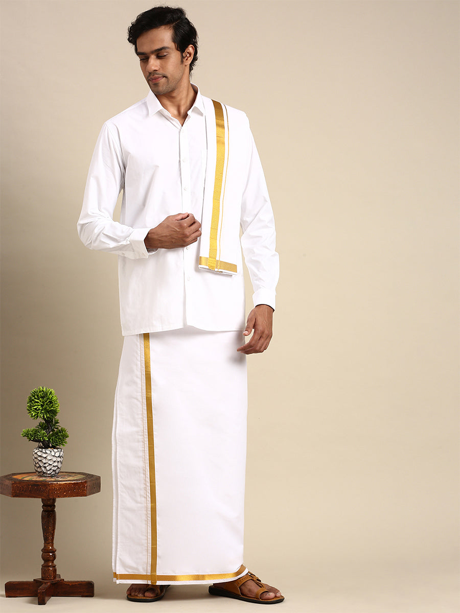 Mens Combo Set White Dhoti,Shirt Bit&Towel 3/4" Gold Jari Vaisant-Full view
