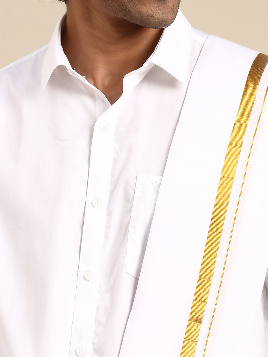 Mens Combo Set White Dhoti,Shirt Bit&Towel 1/2" Gold Jari Vaisant-Zoomview