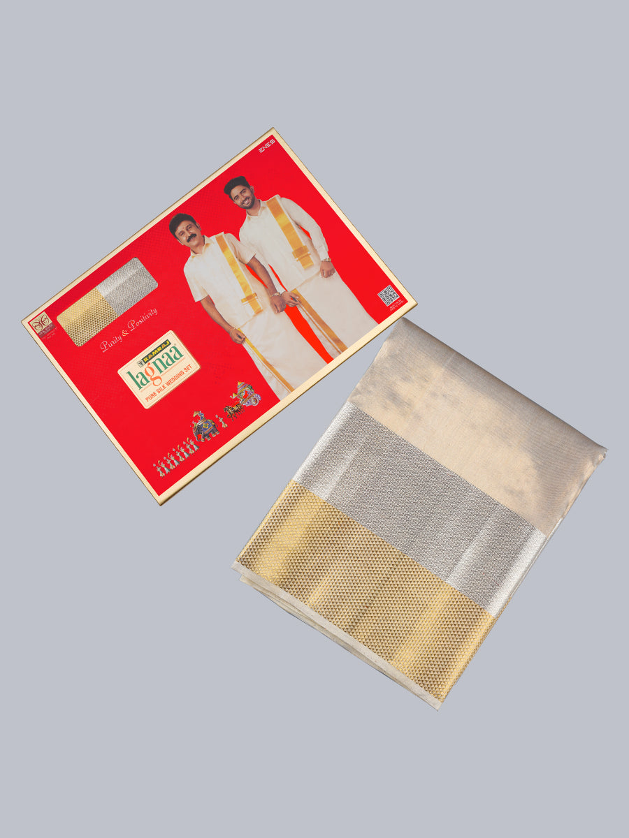 Premium Pure Silk Tissue Dhoti With Angavastram Agarshana 7 1/2" Silver Gold Jari Border-Ad vert