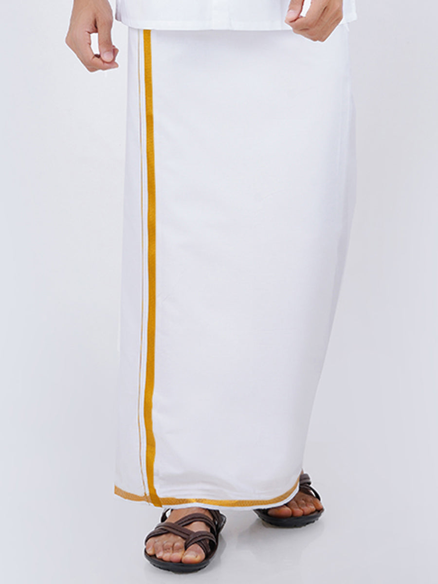 Mens Cotton White Shirt Bit with 1/2" Gold Jari Dhoti Combo Pilot Soft-bottom view