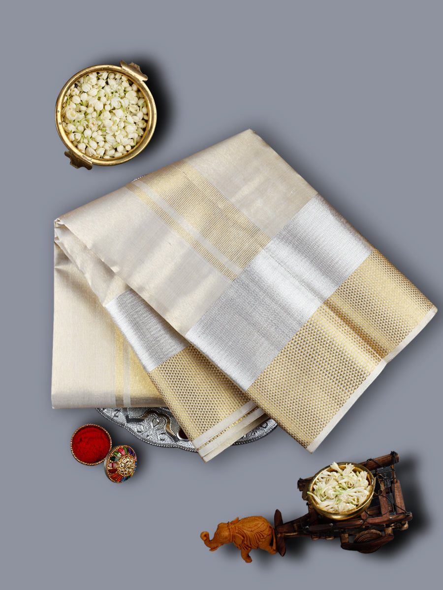Premium Pure Silk Tissue Dhoti With Angavastram Agarshana 7 1/2" Silver Gold Jari Border-View one