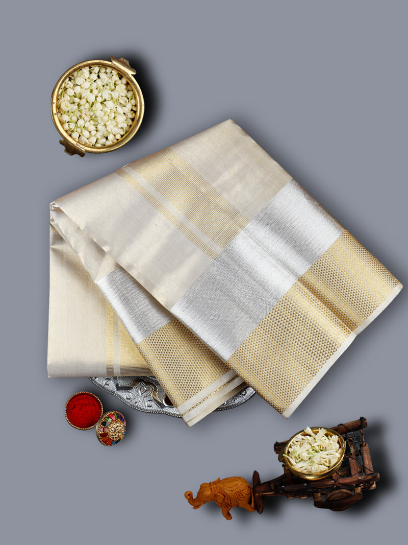 Premium Pure Silk Tissue Dhoti With Angavastram Agarshana 7 1/2" Silver Gold Jari Border