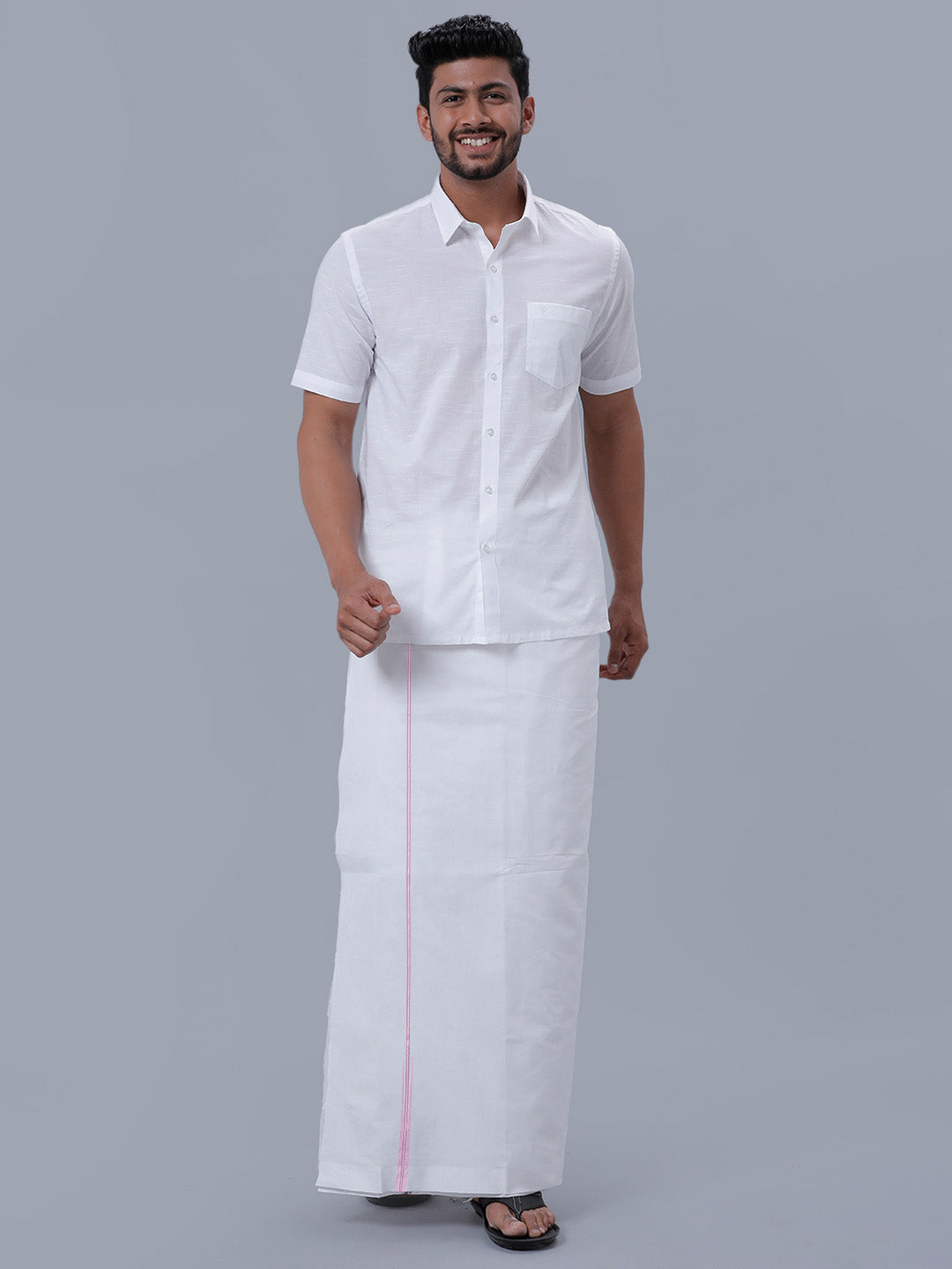 Mens Double Dhoti White with Pink Border Luxury Club 40155-Full view