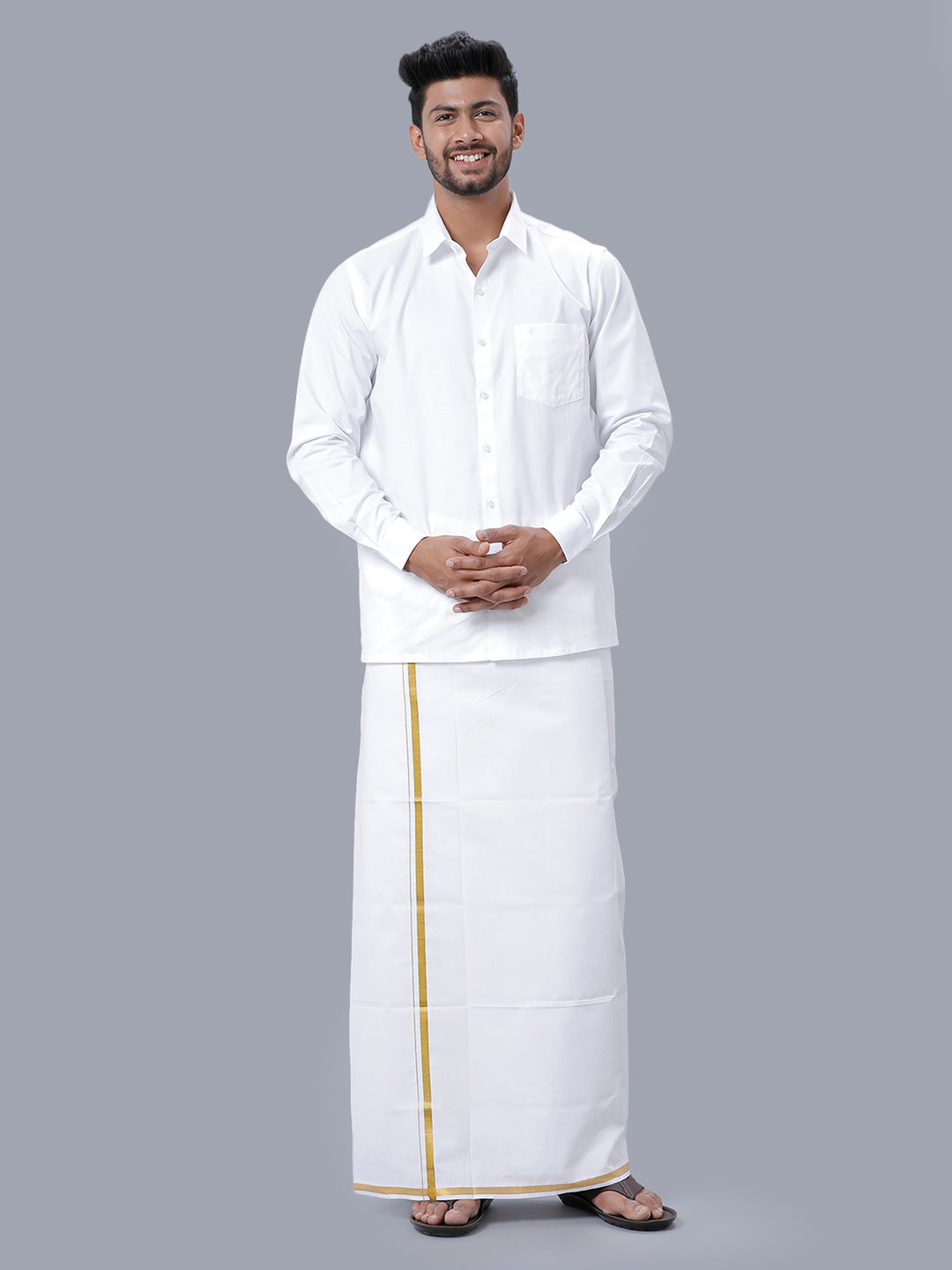 Mens Pure Cotton White Full Sleeves Shirt with 1/2'' Gold Jari Double Dhoti Combo