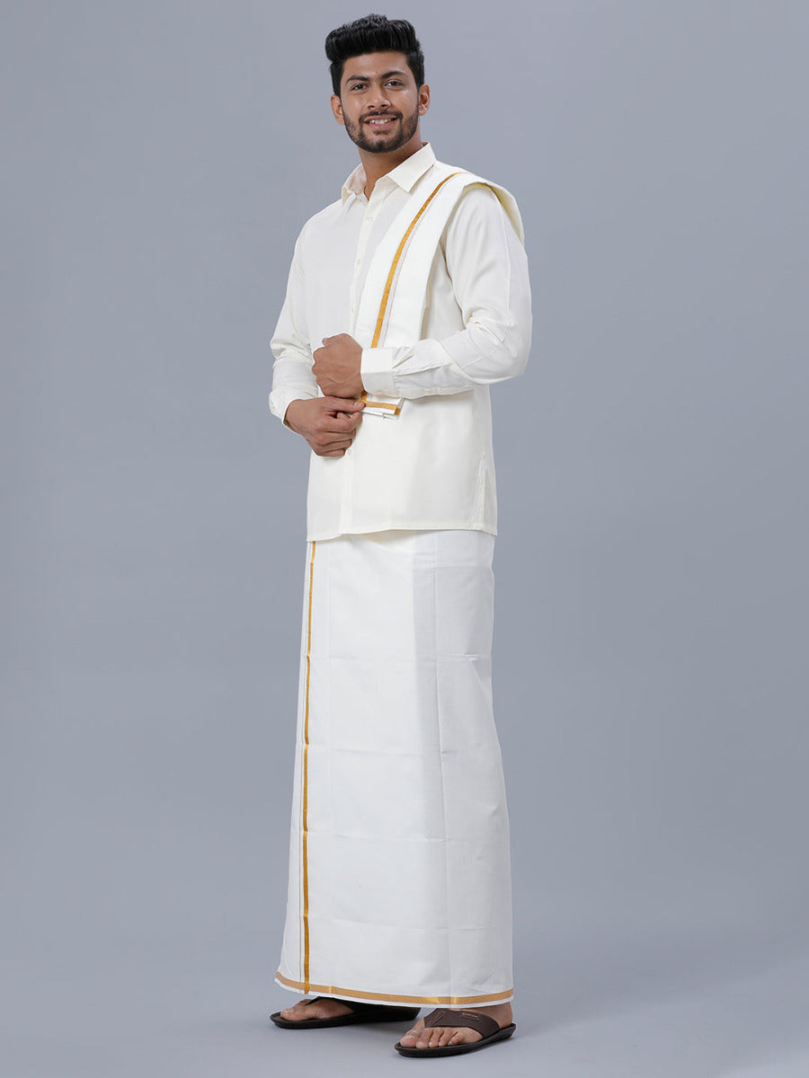 Mens Full Sleeves Cream Shirt with Gold Jari 3/4" Single Dhoti,Towel Combo