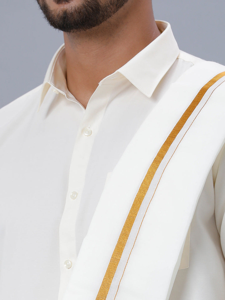 Mens Full Sleeves Cream Shirt with Gold Jari 3/4" Single Dhoti,Towel Combo