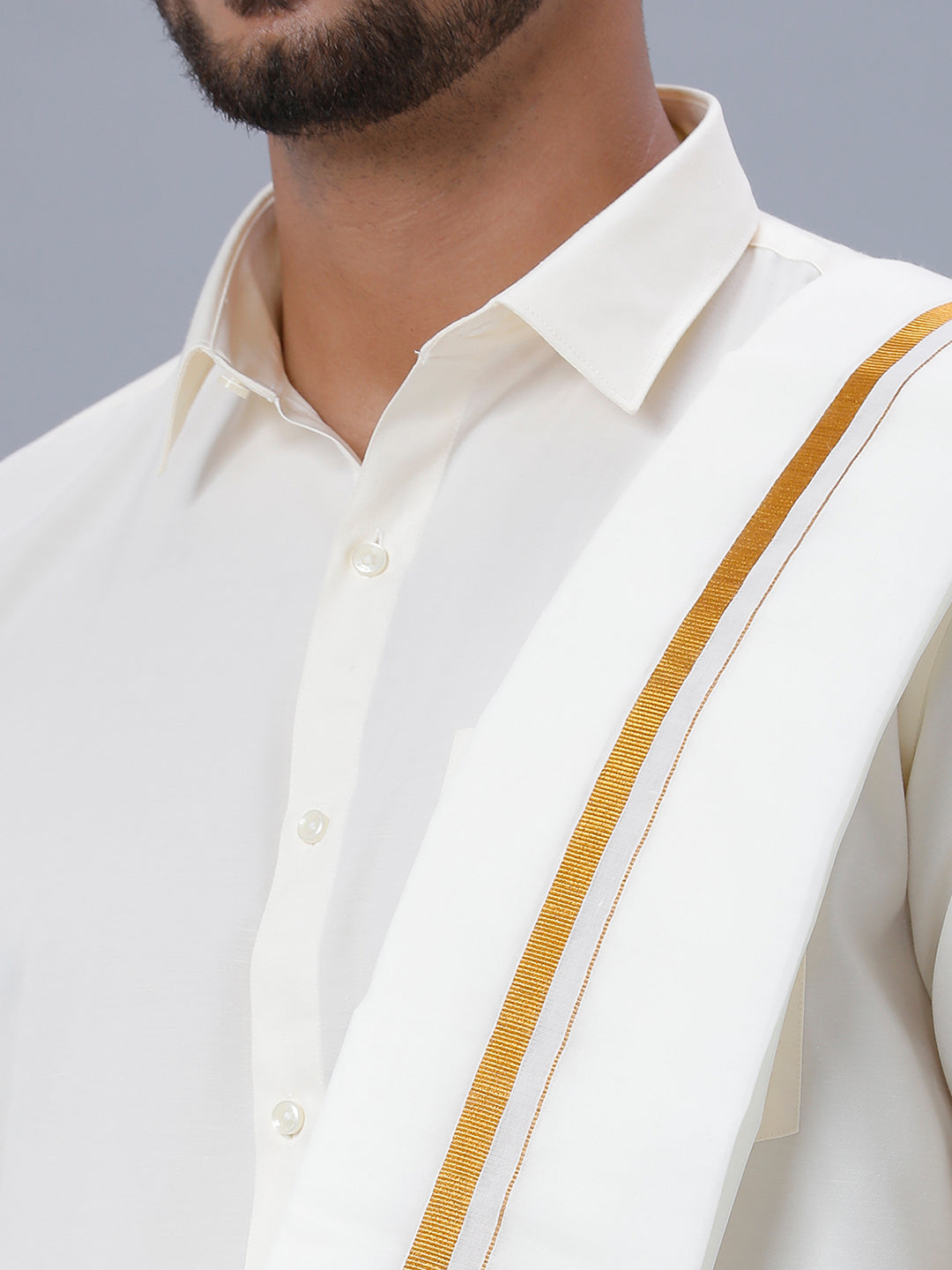 Mens Cream Full Sleeves Shirt 1/2" Gold Jari Double Dhoti+Towel Combo-Close view
