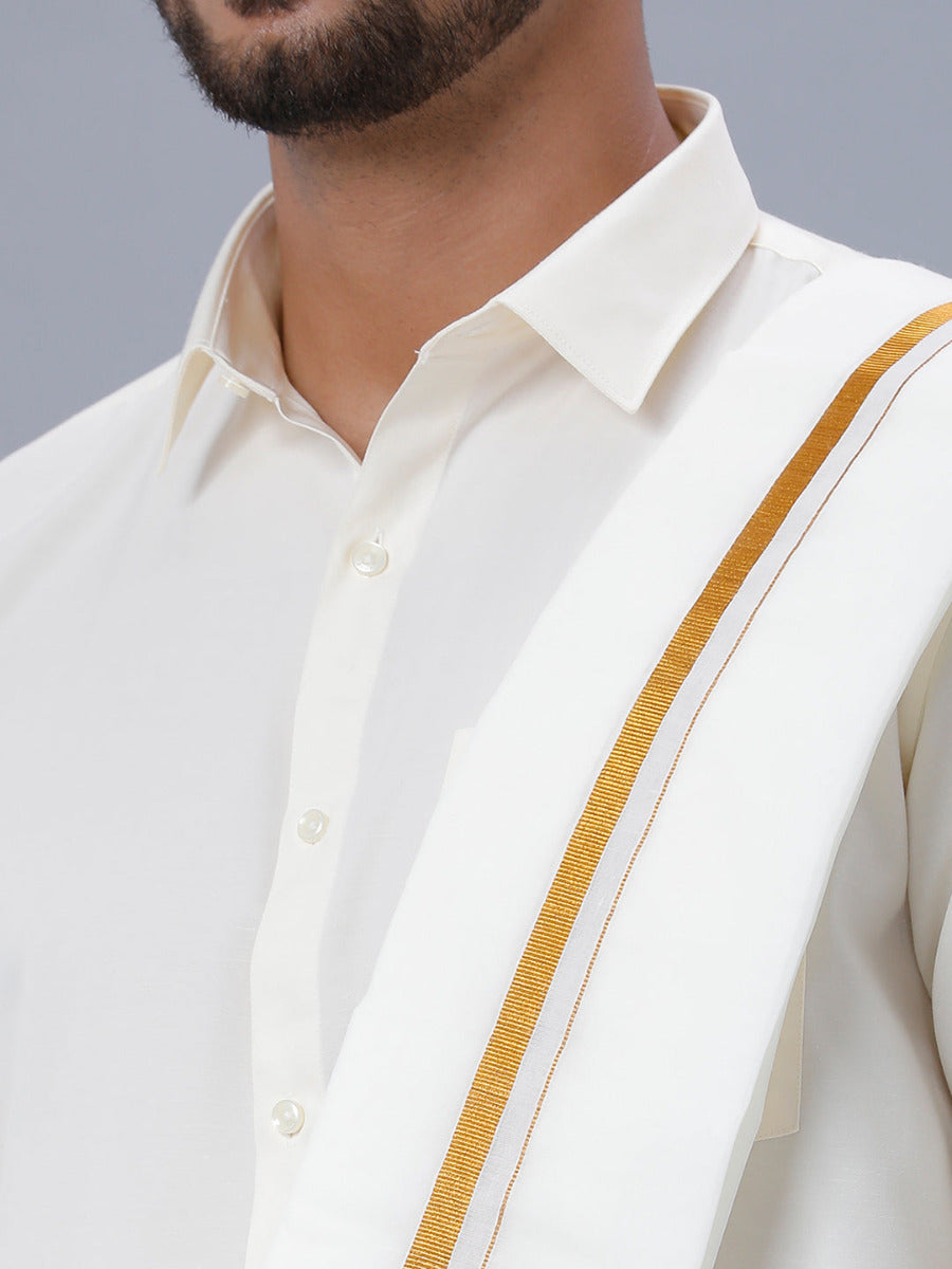 Mens Cream Full Sleeves Shirt 1/2" Gold Jari Double Dhoti+Towel+Belt Combo-Zoom view