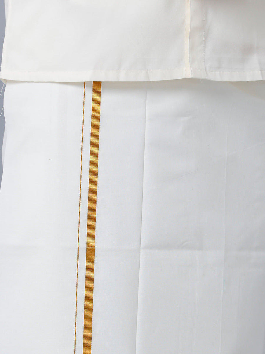 Mens Full Sleeves Cream Shirt with Gold Jari 3/4" Single Dhoti,Towel Combo