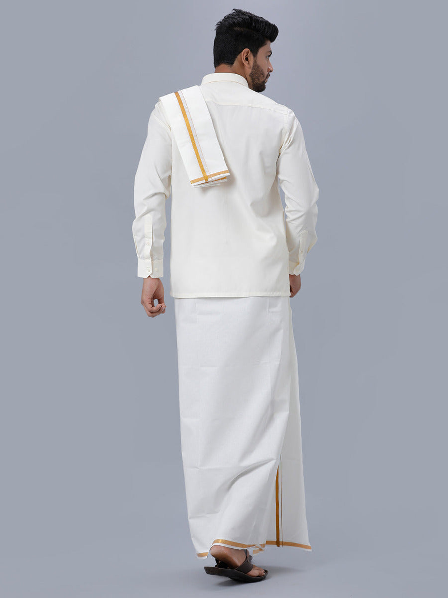 Mens Full Sleeves Cream Shirt with Gold Jari 3/4" Single Dhoti,Towel Combo