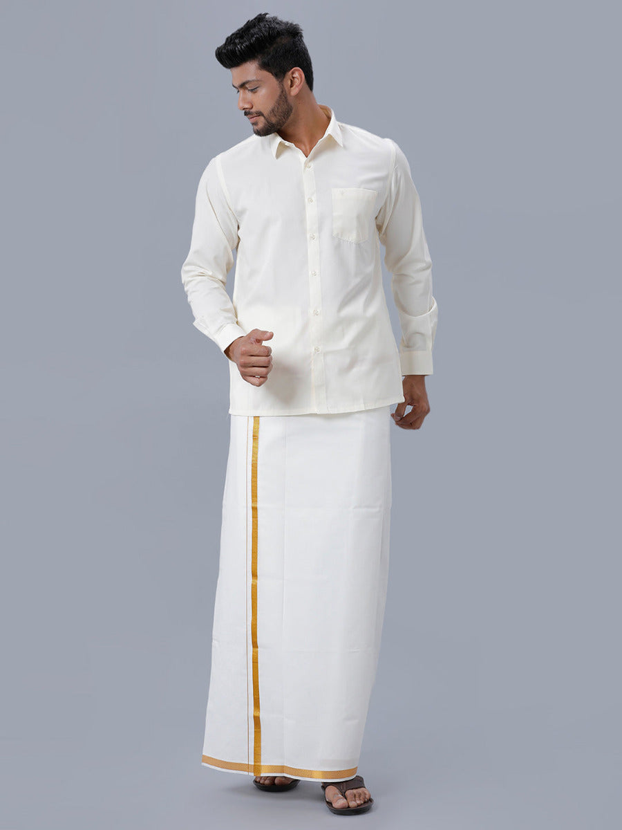 Mens Cream Cotton Full Sleeves Shirt with Gold Jari 1/2" Double Dhoti Combo-Front view