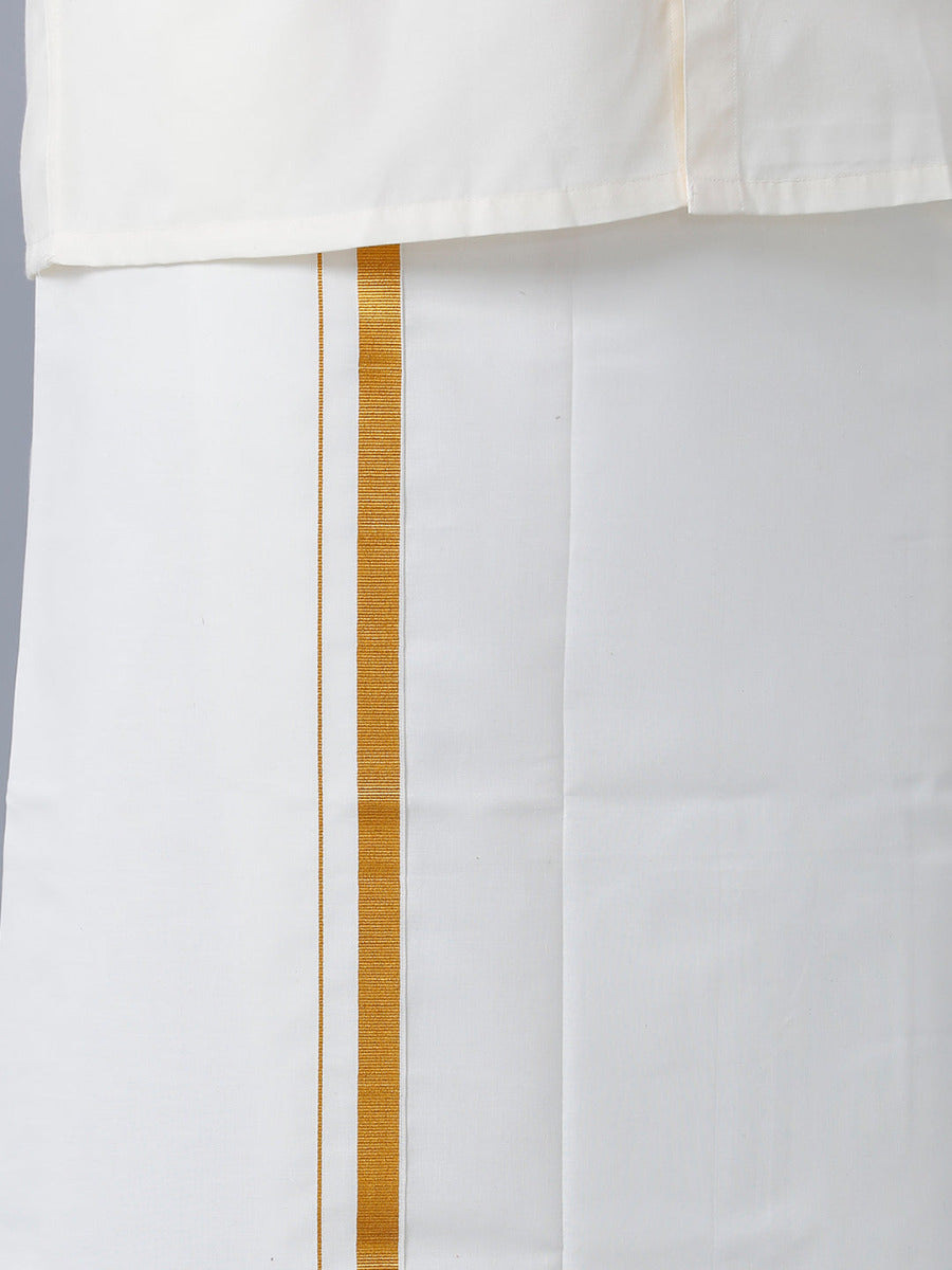 Mens Cream Cotton Gold Jari 1/2" Double Dhoti with Full Sleeves Shirt Combo-Bottom view