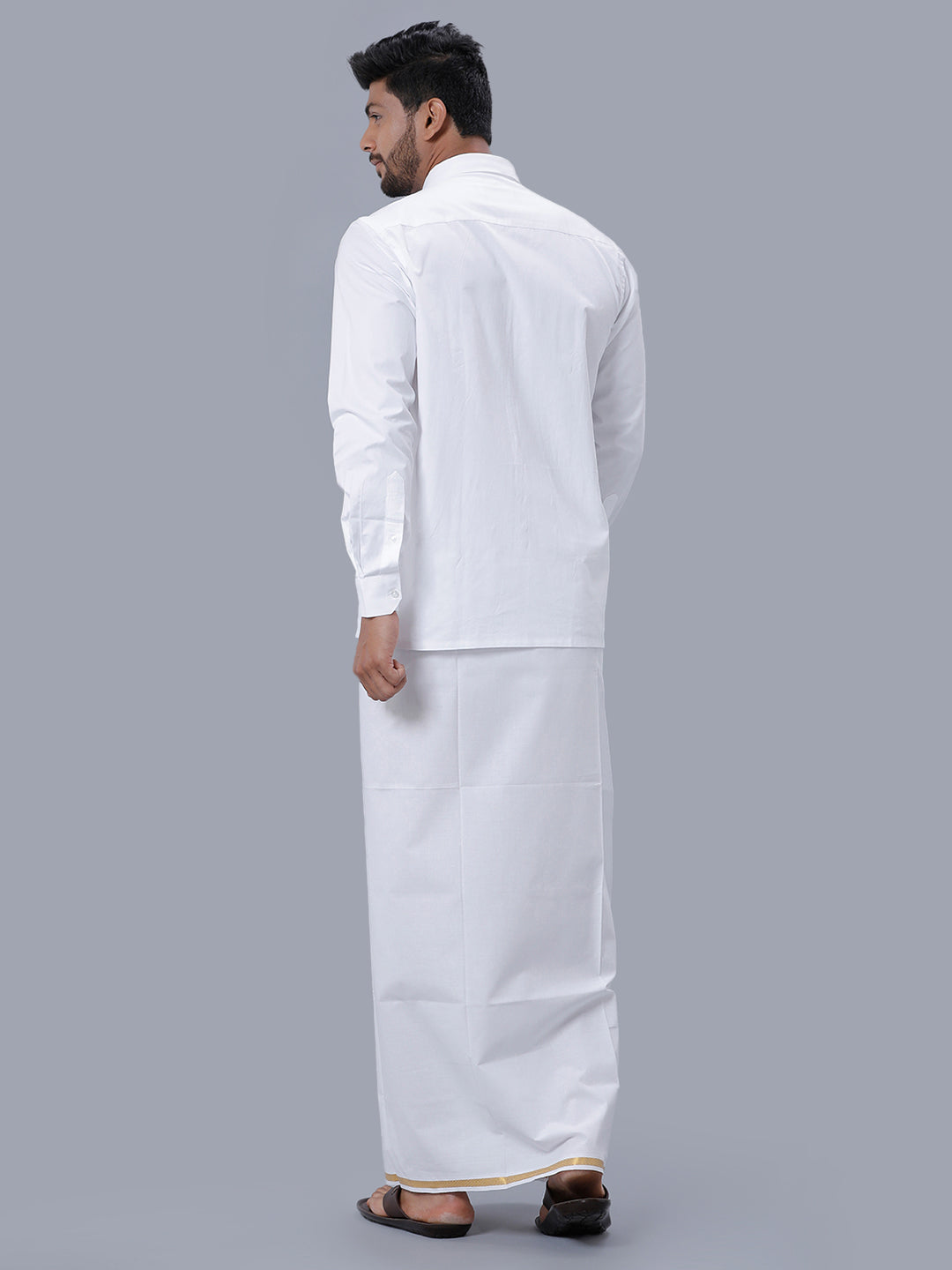 Mens Wrinkle Free White Full Sleeves Shirt with 1/2'' Gold Jari Single Dhoti Combo-Back view